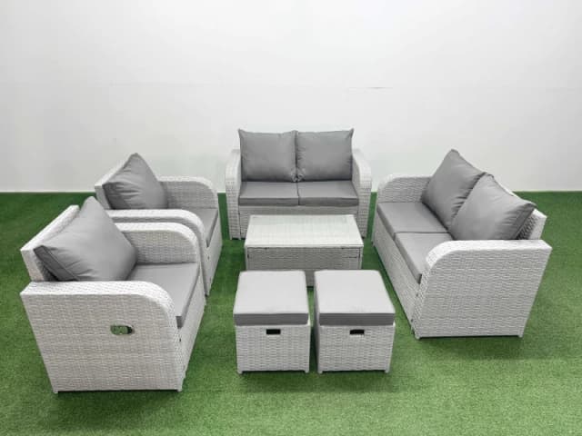 Fimous 8 Seater Outdoor Reclining Chair Love Sofa Set Rattan Garden Furniture Set with Rectangular Coffee Table 2 Stools Light Grey Light Grey