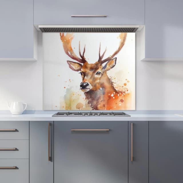 Warren Reed - Designer Majestic Stag Watercolour Kitchen Splashback in Brown Size: 600mm x 750mm Brown Unisex 600mm x 750mm