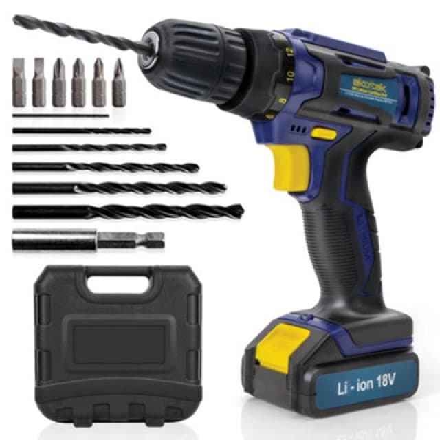 Skotek 18V Cordless Drill & Drill Bit Set 18V Battery & Charger and Case Included Blue