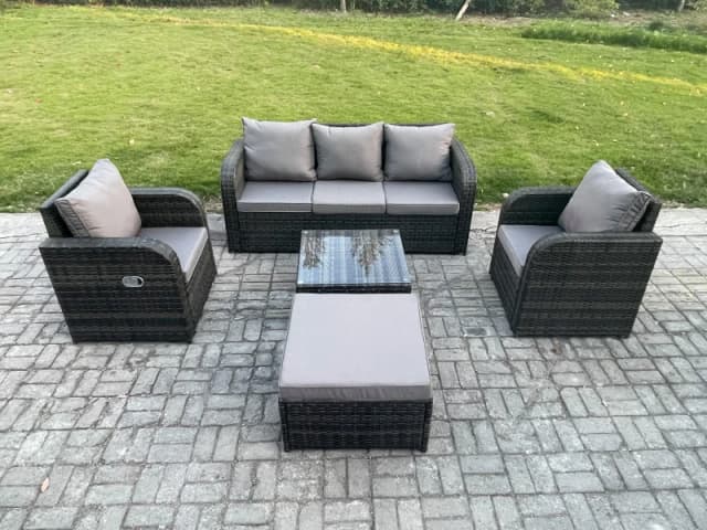 Fimous Garden Furniture Sets 6 Seater Wicker Rattan Furniture Patio Sofa Sets with Reclining Chair 3 Seater Sofa Big Footstool Dark Grey