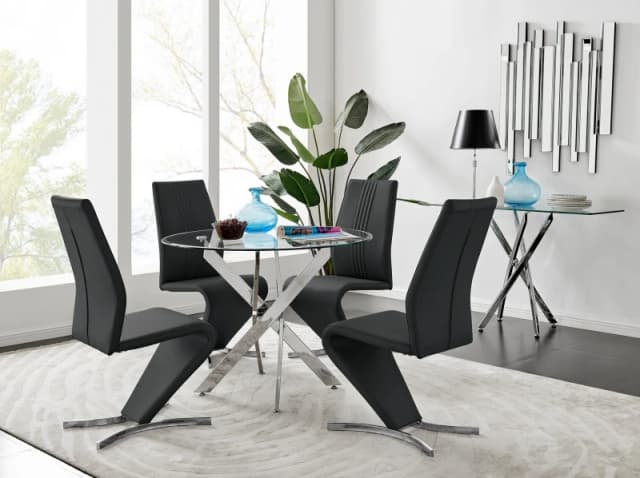 FurnitureboxUK FurnitureboxUK Novara Round 100cm Chrome Metal And Glass Dining Table And 4 Willow Dining Chairs Set in Black One Size Unisex 505