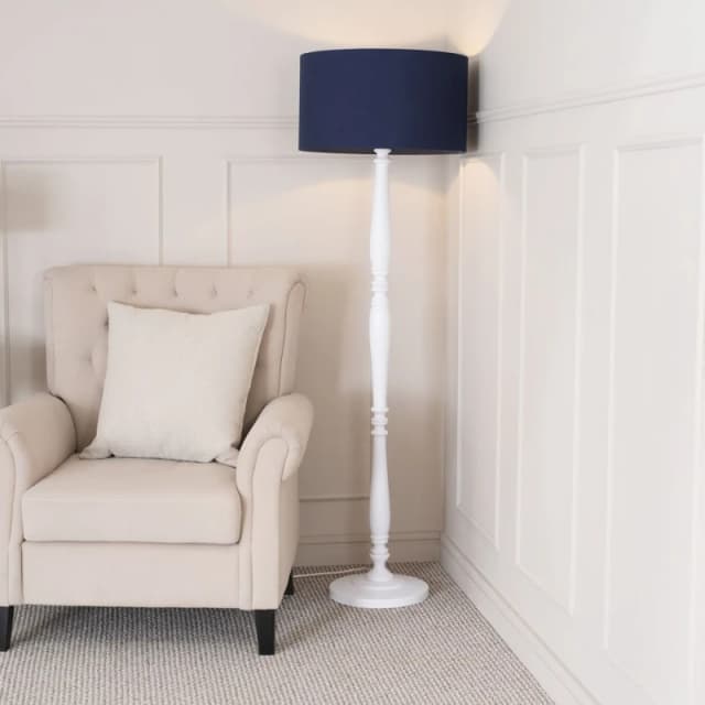 ValueLights Victoria White Wood Traditional Stem Floor Lamp with Fabric Drum Shade Navy