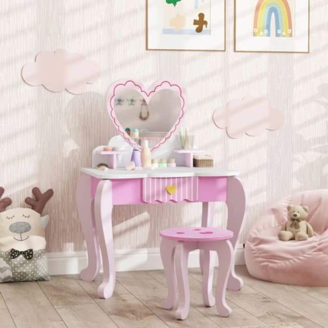 AIYAPLAY Kids Dressing Table Set, 2 PCS Children Vanity Table with Stool Pink