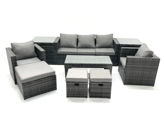 Fimous 8 Seater Rattan Garden Furniture Set Outdoor Lounger Sofa with Coffee Table 2 Armchair 3 Footstools 2 Side Tables Dark Grey Mixed Dark Grey