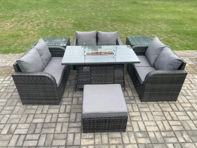 Fimous Rattan Outdoor Garden Furniture Sofa Set Gas Fire Pit Dining Table Gas Heater with 2 Side Tables Love Sofa Big Footstool Dark Grey