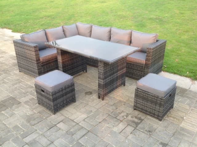 Fimous Outdoor Lounge Rattan Corner Sofa Set Garden Furniture with Small FootStools 6 Seater Dark Grey