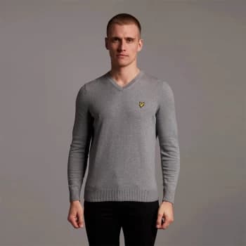 Mens V Neck Cotton Merino Jumper - Mid Grey Marl - L