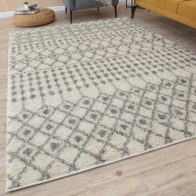THE RUGS Soft Moroccan Diamond Shaggy Rugs & Runners Ivory Grey Living Room Size: 180cm x 270cm Ivory Unisex 180cm x 270 cm