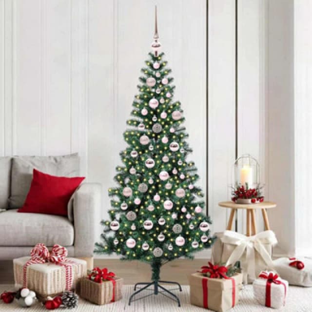vidaXL Artificial Pre-lit Christmas Tree with Pink Balls Green 180cm PVC and Metal, Green 3396764
