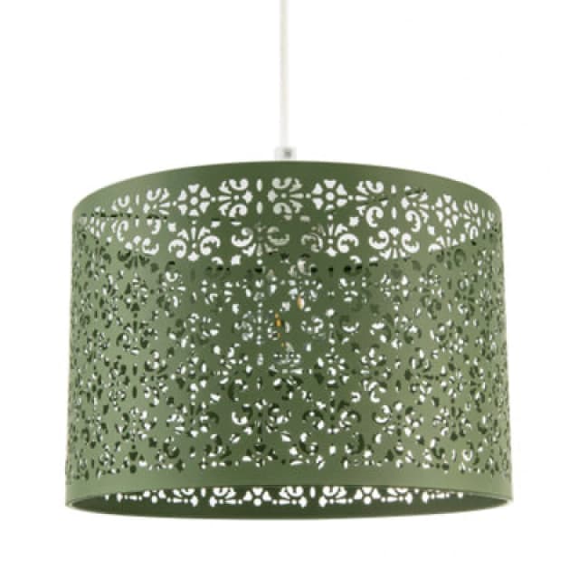 Happy Homewares Olive Green Moroccan Metal Pendant Light Shade With Floral Decoration