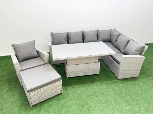 Fimous 8 Seat Rattan Garden Furniture Corner Sofa Set with Footstool in Light Grey Light Grey Unisex