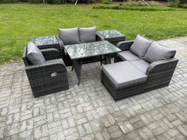 Fimous 7 Pieces Outdoor Garden Dining Sets Rattan Furniture With Dining Table Armchairs Love Sofa 2 Side Tables Big Footstool Dark Grey Mixed Dark Gre