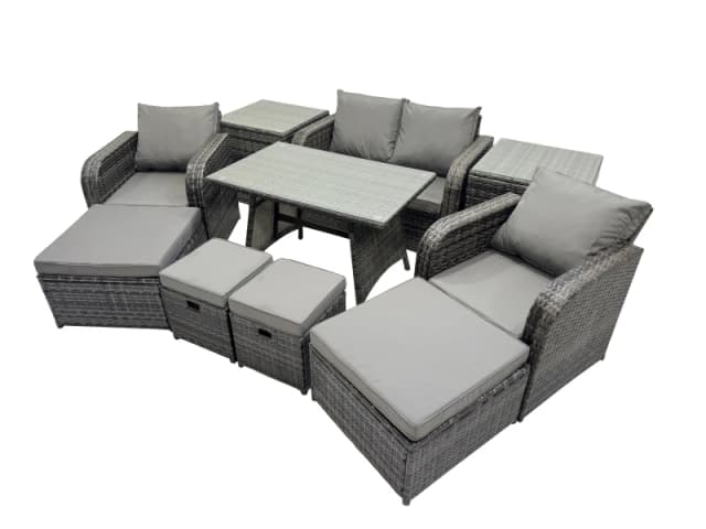 Fimous 8 Seater Rattan Sofa Oblong Dining Table with 2 Big Stool 2 Side Table in Dark Grey Dark Grey Unisex