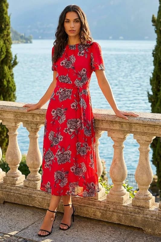 Roman Womens Floral Print Stretch Pleated Dress in Red Size: 18 Red Female 18