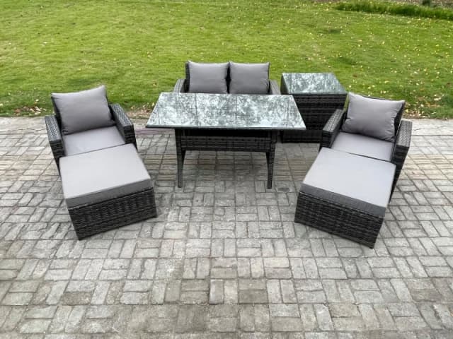 Fimous Outdoor Lounge Sofa Garden Furniture Set Rattan Rectangular Dining Table with Double Seat Sofa Armchair 2 Big Footstool in Dark Grey Dark Grey