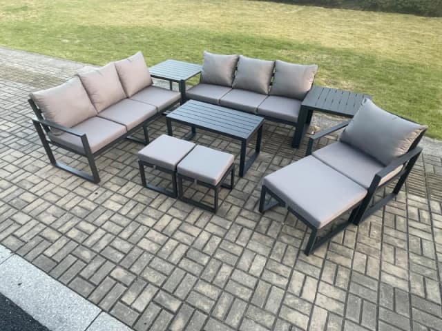Fimous Aluminium 9 Pieces Garden Furniture Set with Cushions 10 Seater Outdoor Patio Lounge Sofa Set with Armchair 3 Footstools 2 Side Tables Dark Gre