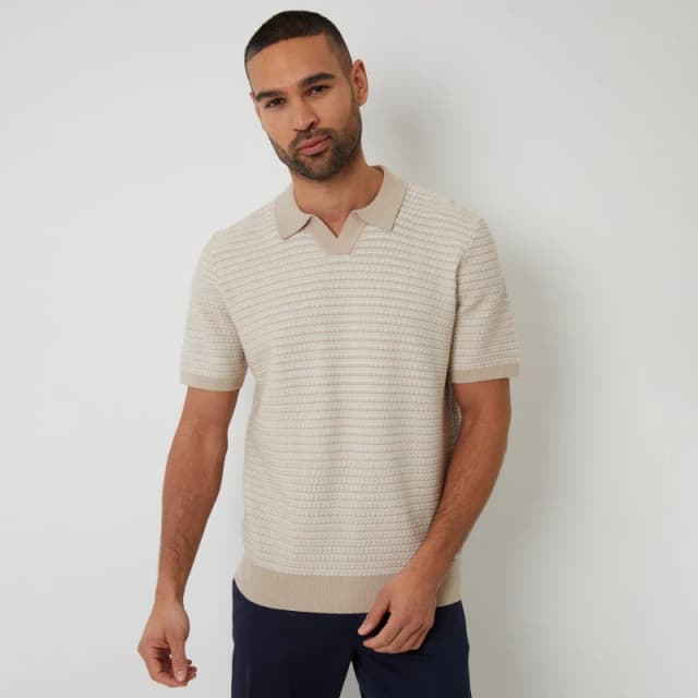 Threadbare Textured Stripe Trophy Neck Knitted Polo Shirt - Beige Beige 2XL