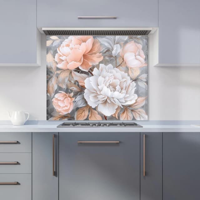 Warren Reed - Designer Blush Blossoms on Silver Kitchen Splashback Size: 600mm x 750mm Multicolor Unisex 600mm x 750mm
