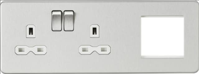 KnightsBridge Screwless 13A 2G DP Socket + 2G Modular Plate - Brushed Chrome, White Insert SFR192LBCW