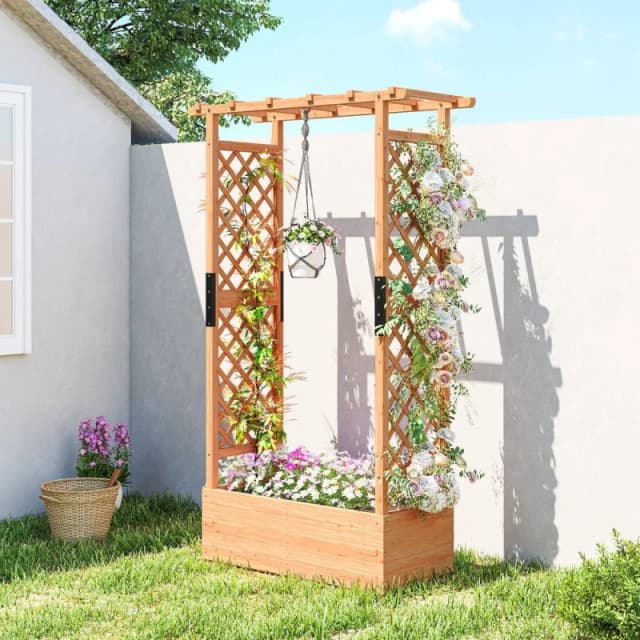 OUTSUNNY Raised Bed for Garden with Trellis, 110 x 44 x 181 cm, Natural Size: 110 x 44 x 181cm Natural Unisex 110 x 44 x 181 cm
