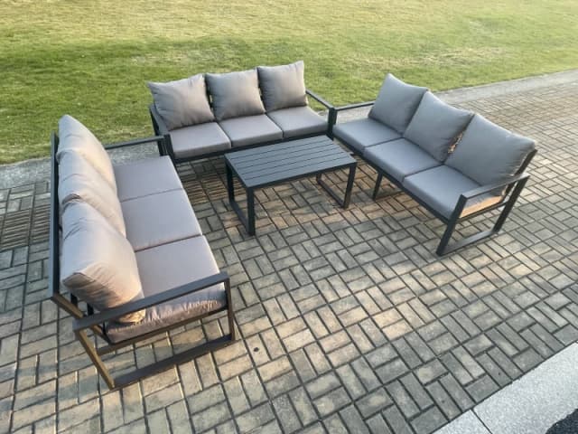 Fimous Aluminium 9 Seater Outdoor Garden Furniture Set Lounge Sofa Oblong Coffee Table Sets with Cushions Dark Grey Dark Grey Unisex