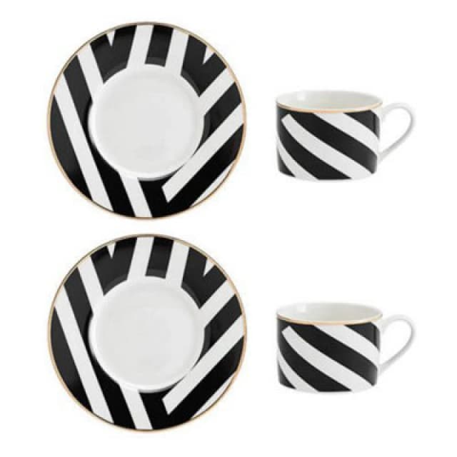 Mikasa Luxe Deco Geometric Print China Tea Cups and Saucers, Set of 2, 200ml Black