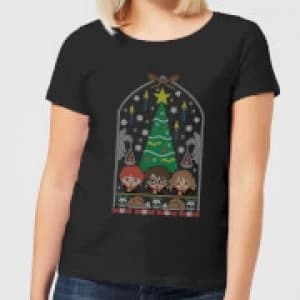 Harry Potter Hogwarts Tree Womens Christmas T-Shirt - Black