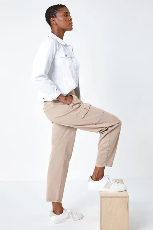 Roman Casual Elastic Waist Cargo Stretch Trousers Natural