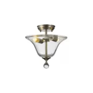 Dresden 2 Light Semi Flush Ceiling Lamp E27 With Smooth Bell 30cm Glass Shade Satin Nickel, Clear
