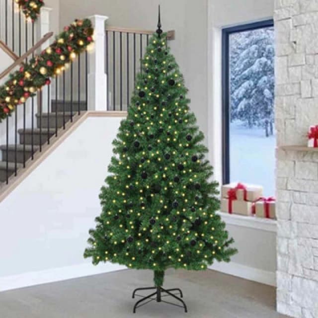 vidaXL Artificial Christmas Tree with 300 LEDs and Black Balls with Stand Green 240 cm, Green 3396932