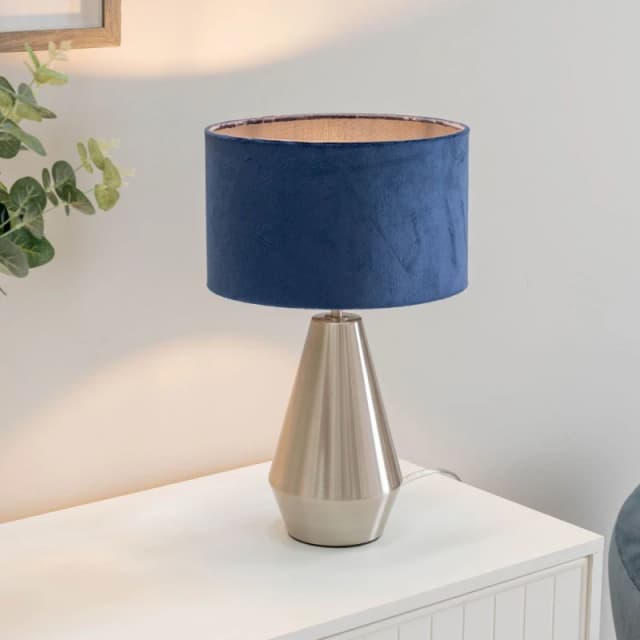 ValueLights Jax Brushed Chrome Dimmable Touch Table Lamp with Velvet Drum Shade Silver