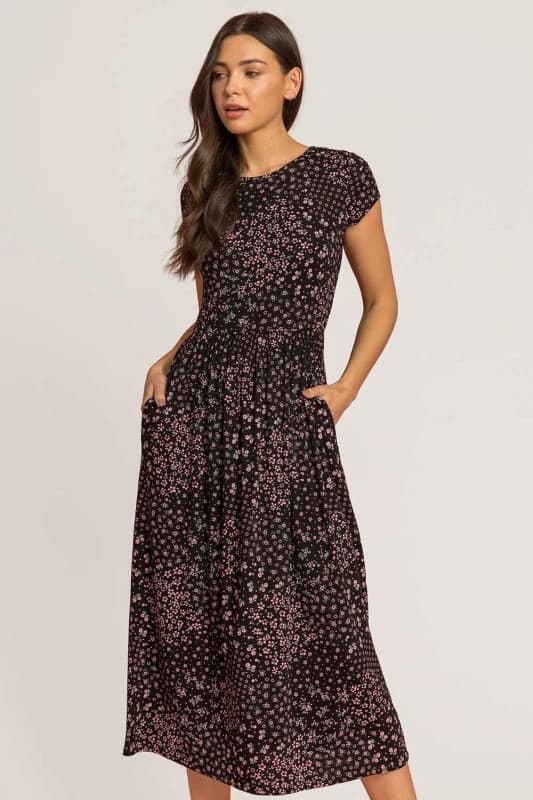 Roman Patchwork Floral Stretch Jersey Dress Black female