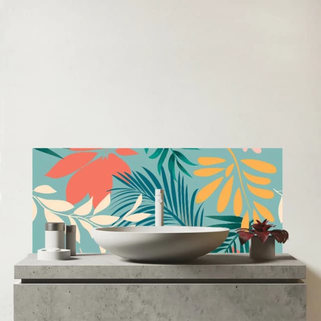 Warren Reed - Designer Abstract Bright Colorful Tropical Leaves Glass Bathroom Splashback in Blue Blue Unisex