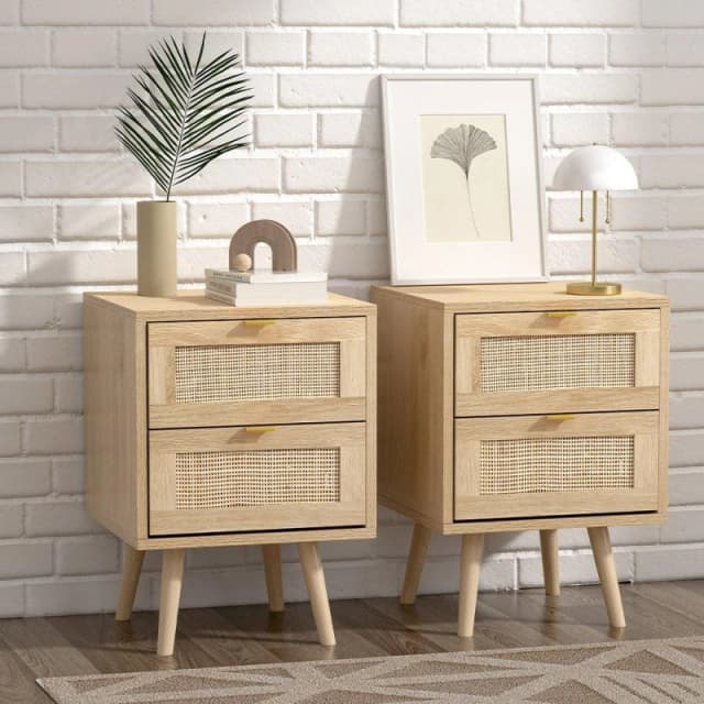 Cottonfy UK 2 PCS Wood and Rattan Cabinets with 2 Drawers - Brown Brown M