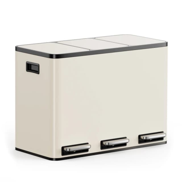 Vonhaus 45L Waste & Recycling Kitchen Bin, 3 X 15L Cream Compartment Pedal Bin W/ Non Slip Base, Removable Inner Buckets