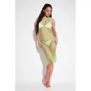 I Saw It First Neon Green Crochet Fringe Hem Midi Dress - Green