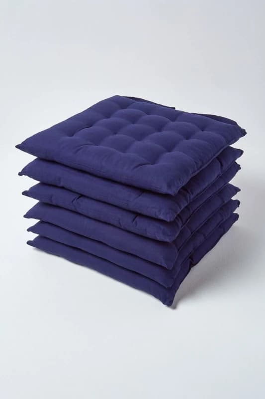 Homescapes Navy Blue Seat Pads Or Cotton Chair Cushions 40X40 Cm, Set Of 6 Plain Chair Pads For Dining, Kitchen Or Outdoor