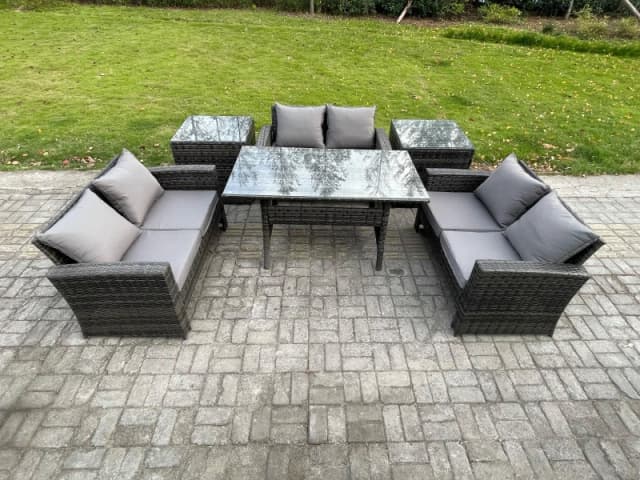 Fimous 6 Seater Wicker PE Rattan Garden Furniture Sets Outdoor Lounge Sofa Set with Oblong Dining Table Double Seat Sofa in Dark Grey Dark Grey Unisex