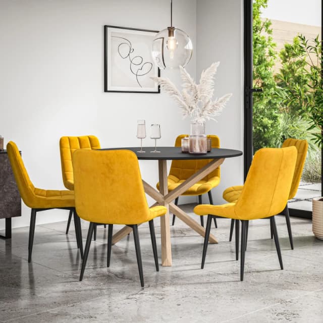 More4Homes Malvern Round Dining Table And Chairs - Black Table Top W Solid Oak Legs + Nova Velvet Dining Chair Set Of 6 (Mustard)