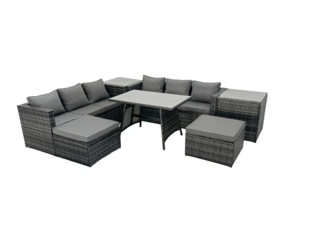 Fimous Rattan Dining Table Sofa Set with 2 Side Tables Big Footstools Outdoor in Dark Grey Dark Grey Unisex