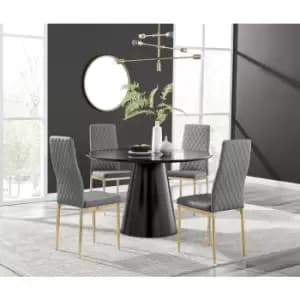 Furniturebox Palma Black Semi Gloss 120cm Round Minimalist Dining Table & 4 Grey Milan Gold Leg Chairs