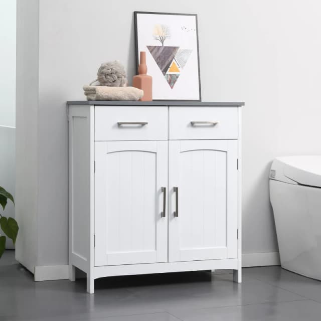 KLEANKIN kleankin Freestanding Bathroom Cabinet with 2 Drawers 2 Doors Adjustable Shelf 5056534570316