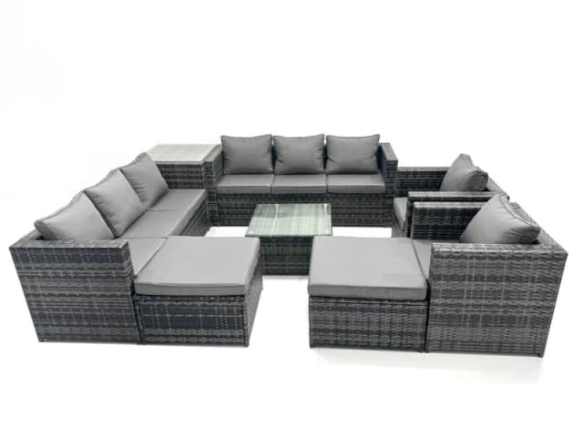 Fimous 10 Seater Patio Lounge Sofa Set with Side Table 2 Big Footstool in Dark Grey Dark Grey Unisex