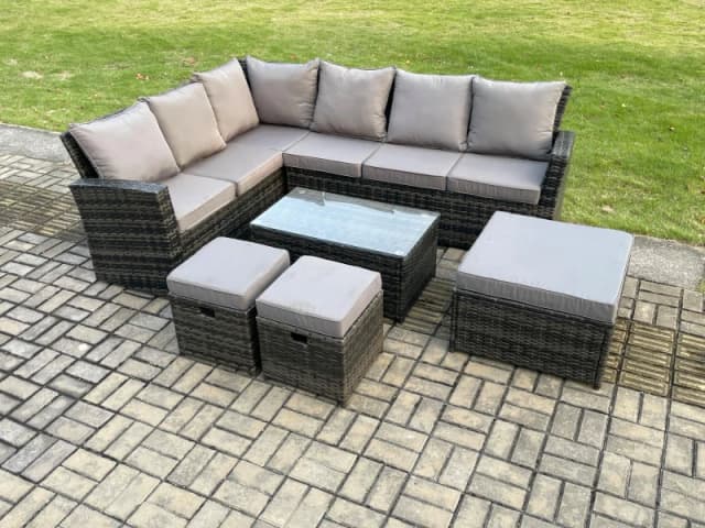 Fimous 9 Seater High Back Outdoor Garden Furniture Set Rattan Corner Sofa Set With Rectangular Coffee Table Dark Grey