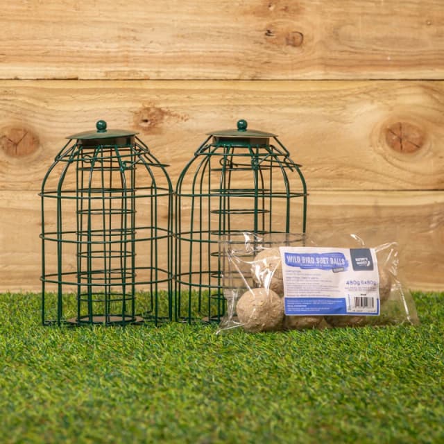 Pack of 2 Samuel Alexander Metal Hanging Bird Fat Ball Feeder with Squirrel Guard & Pack of 6 Suet Fat Balls