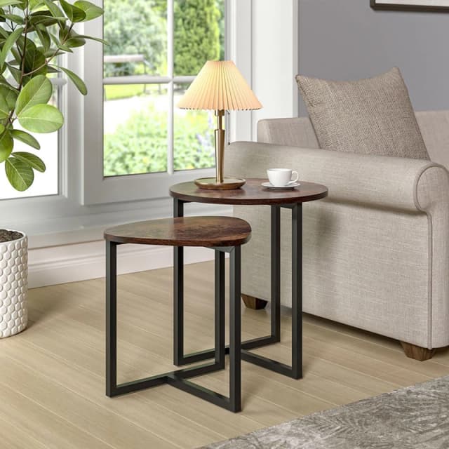 Cottonfy UK Round and Triangular Nesting Side Table Set - Brown Brown M