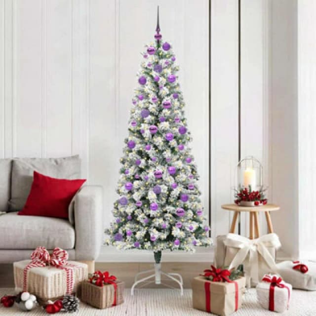 vidaXL Artificial Hinged Christmas Tree with Lilac Balls Green and white 180 cm, Green 3395601