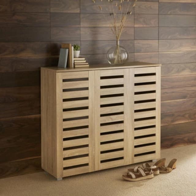 HOME SOURCE Oslo 3 Door Oak Wooden Shoe Storage Cabinet Rack Stand Cupboard Slatted Doors SHOOSL3OK
