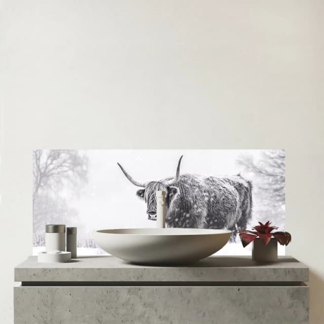 Warren Reed - Designer Snowy Black & White Highland Cow Glass Bathroom Splashback White Unisex