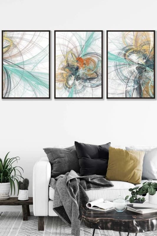 ARTZE Set of 3 Black Framed Abstract Green Yellow Grey Mixed Media Fractal Wall Art in Bright Yellow Size: W45cm x H62cm x D20mm Bright Yellow Uni